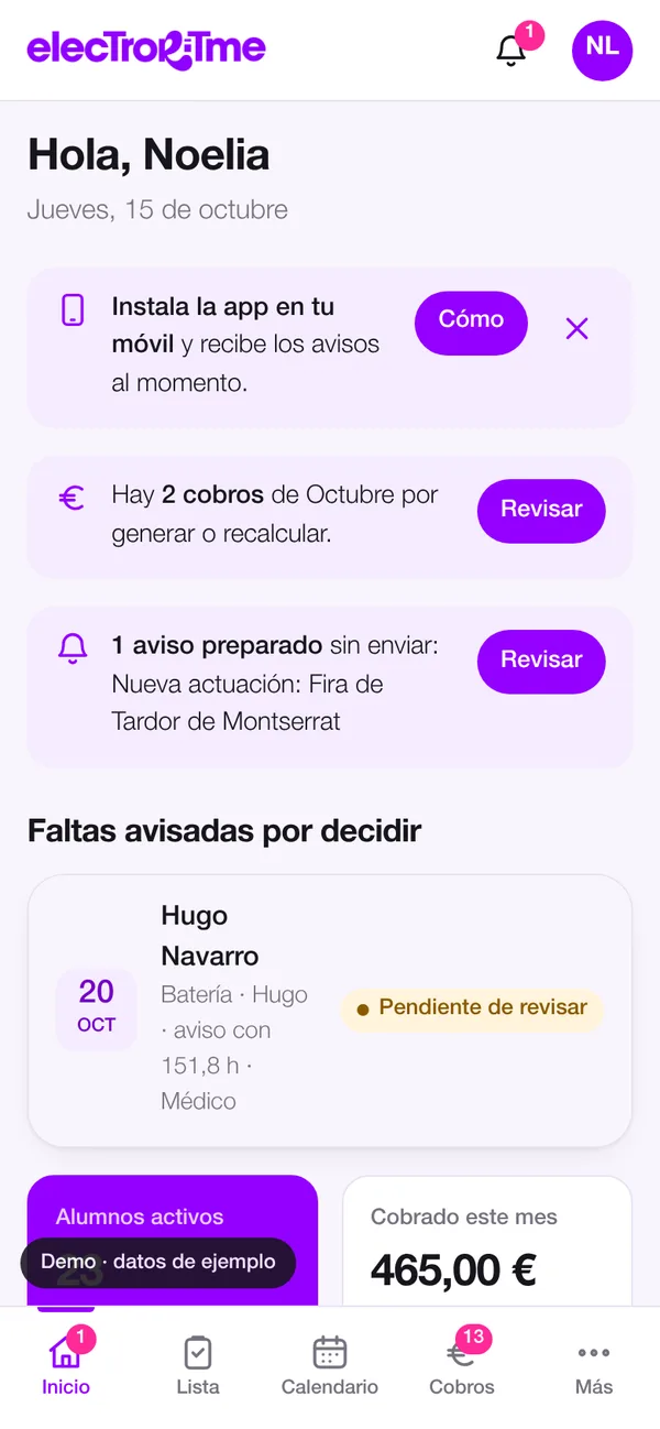 App d’ElectroRitme vista per la direcció: cobraments per revisar, avisos i faltes