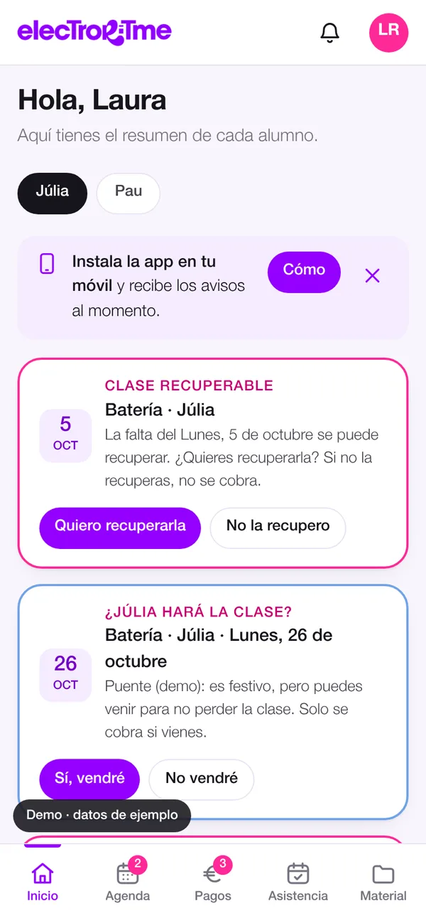 App d’ElectroRitme vista per una família: classes recuperables i assistència