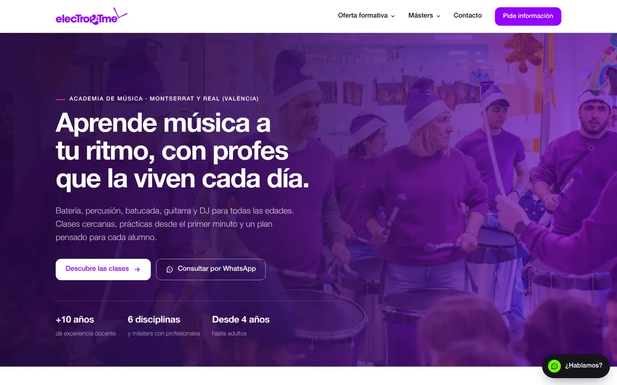 Portada de la web d’ElectroRitme: aprén música al teu ritme, amb profes que la viuen cada dia