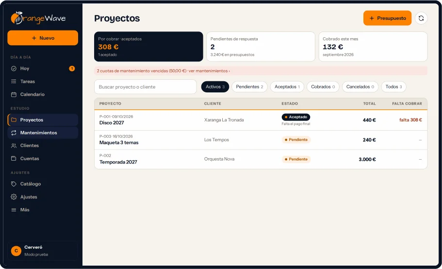 App de gestió d’Orange Wave a l’ordinador: projectes, pressupostos i el que falta per cobrar