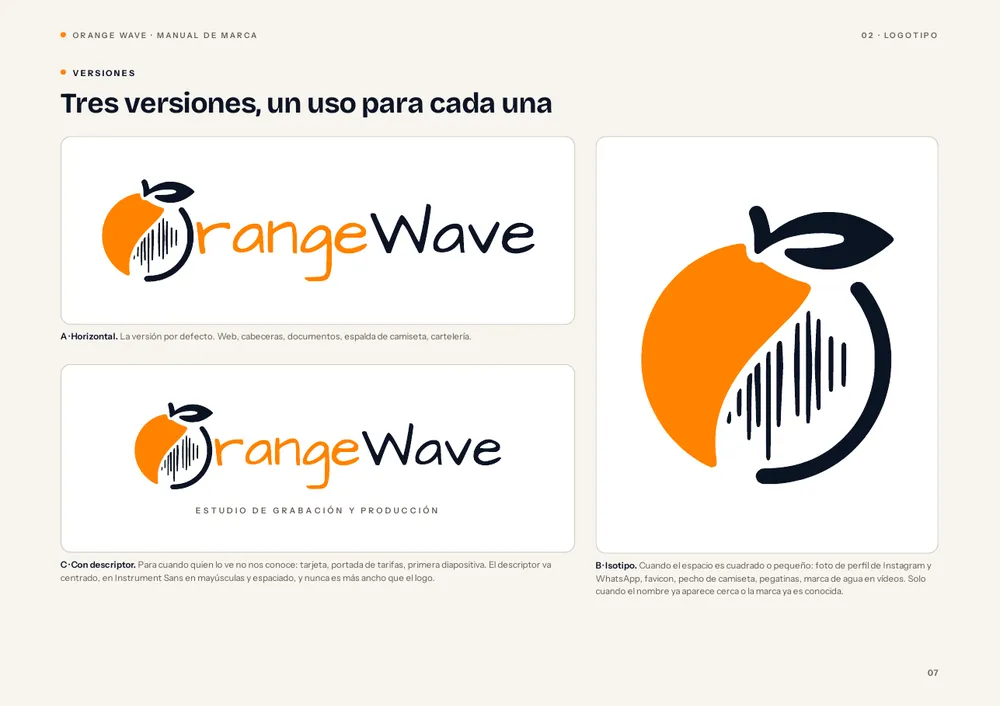 Pàgina del manual d’Orange Wave amb les tres versions del logotip