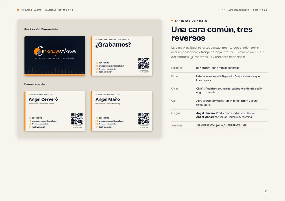 Targetes de visita d’Orange Wave en el manual de marca