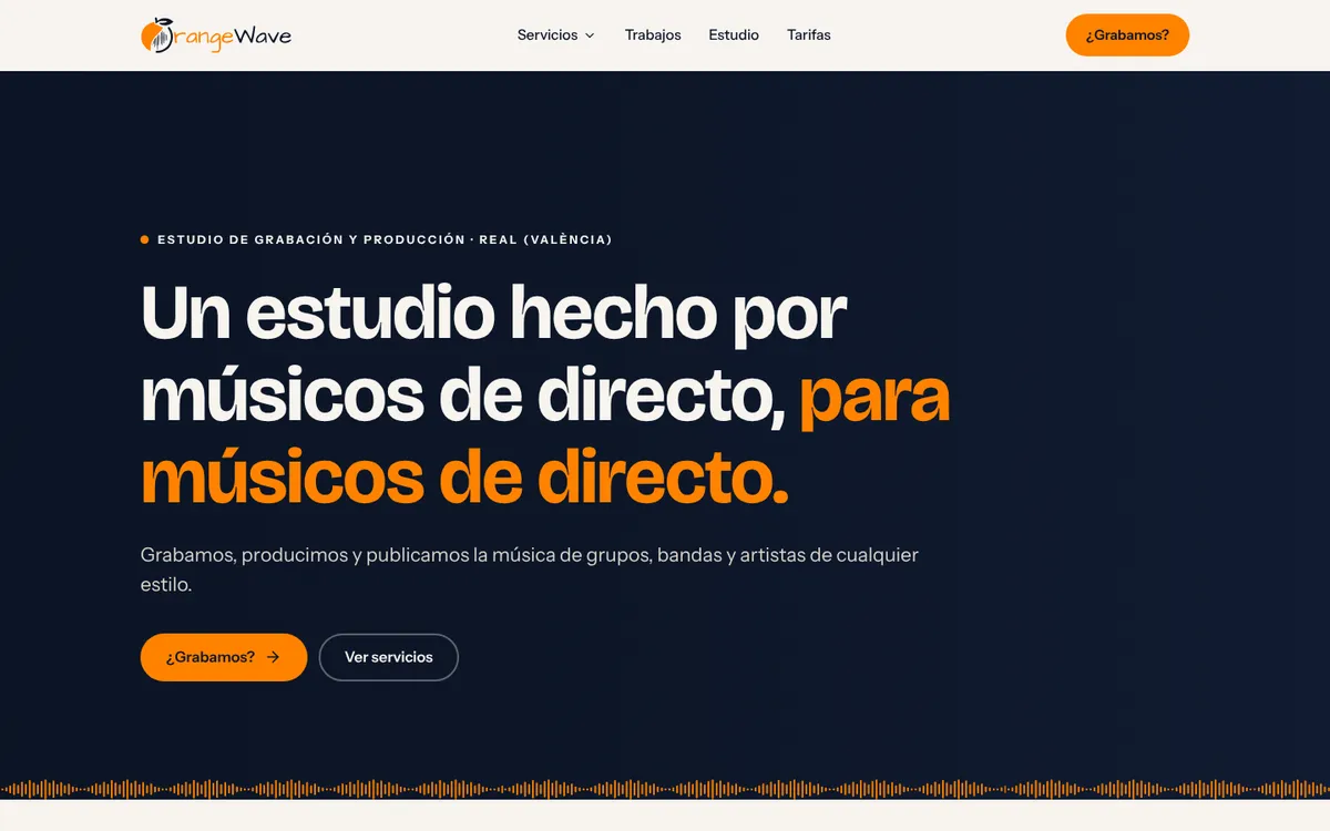 Portada de la web d’Orange Wave: un estudi fet per músics de directe, per a músics de directe