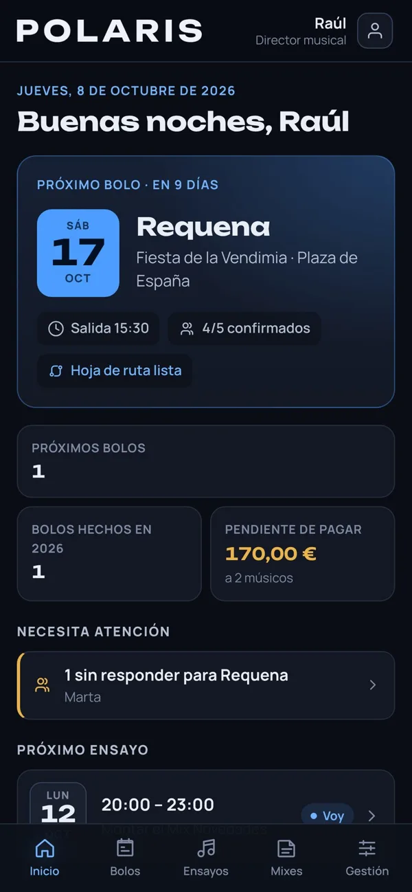 Pantalla d’inici del director en l’app d’orquestres, amb el pròxim bolo i els músics que falten per respondre