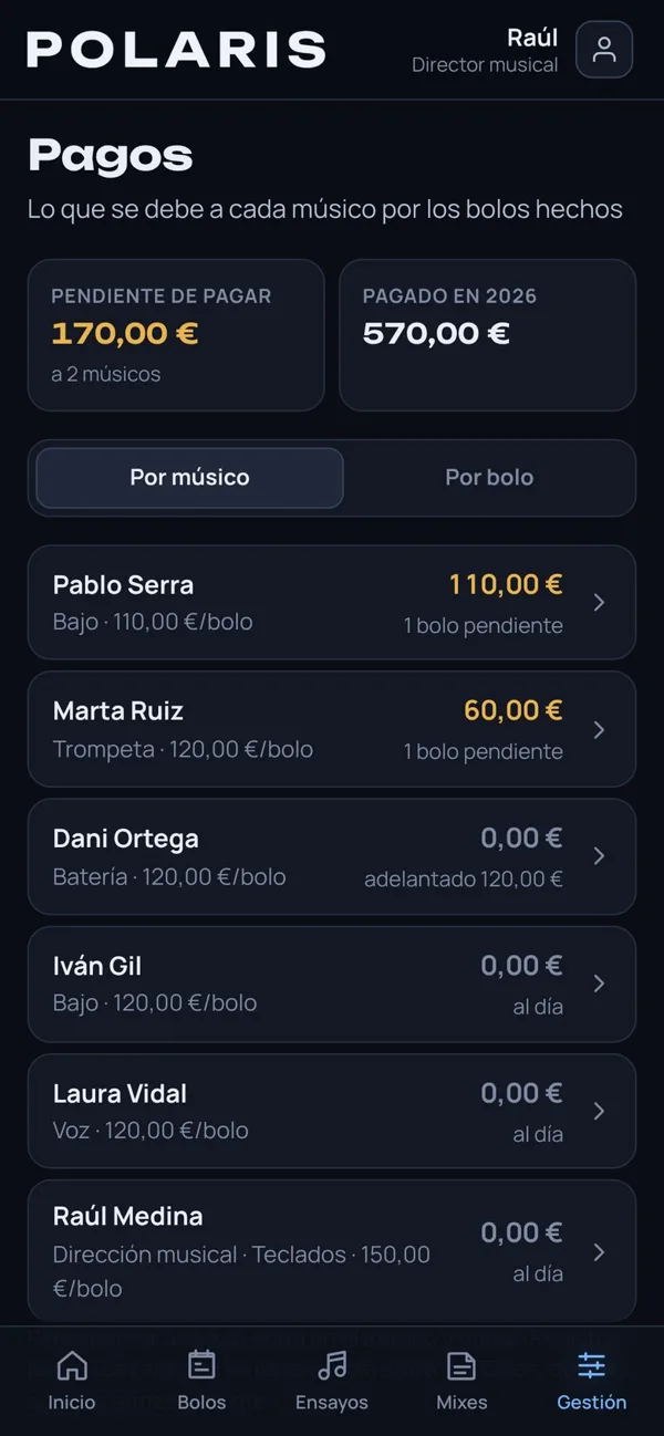 Pantalla de pagaments de l’app d’orquestres amb el que es deu a cada músic
