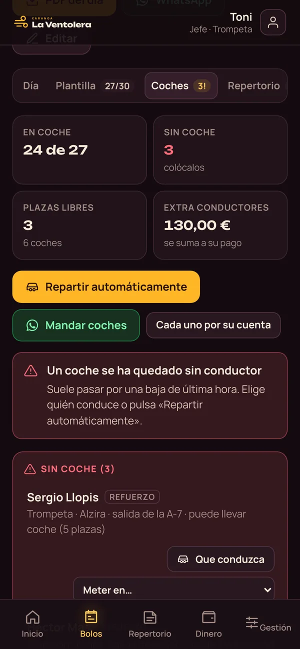 Repartiment automàtic dels cotxes per a anar a una festa en l’app de xarangues